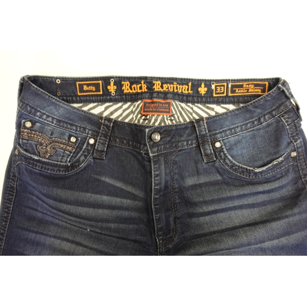 Rock Revival Betty Jeans Womens 33 Blue Ankle Skinny Stretch Denim Rhinestone